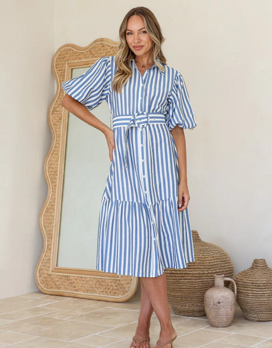 Image of Dresses. Productname: Sabine Stripe Belted Dress - in Blue/White colour by brand - 132 Fashion