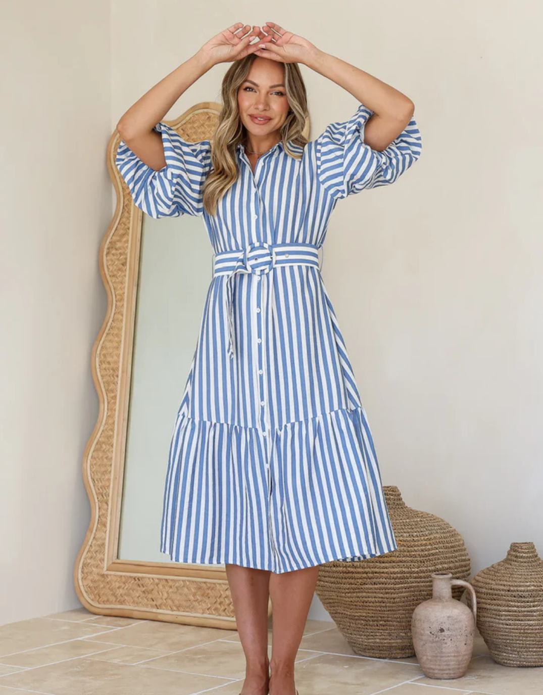 132 Fashion Sabine Stripe Belted Dress (Blue/White)