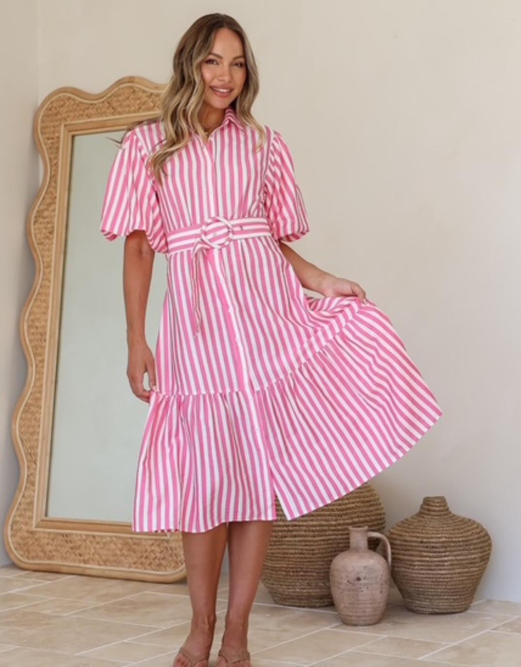 132 Fashion Sabine Stripe Belted Dress (Pink/White)