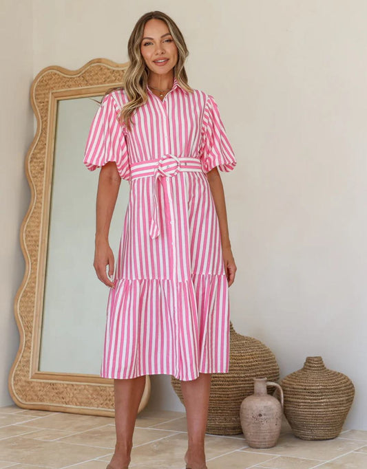 Image of Dresses. Productname: Sabine Stripe Belted Dress - in Pink/White colour by brand - 132 Fashion