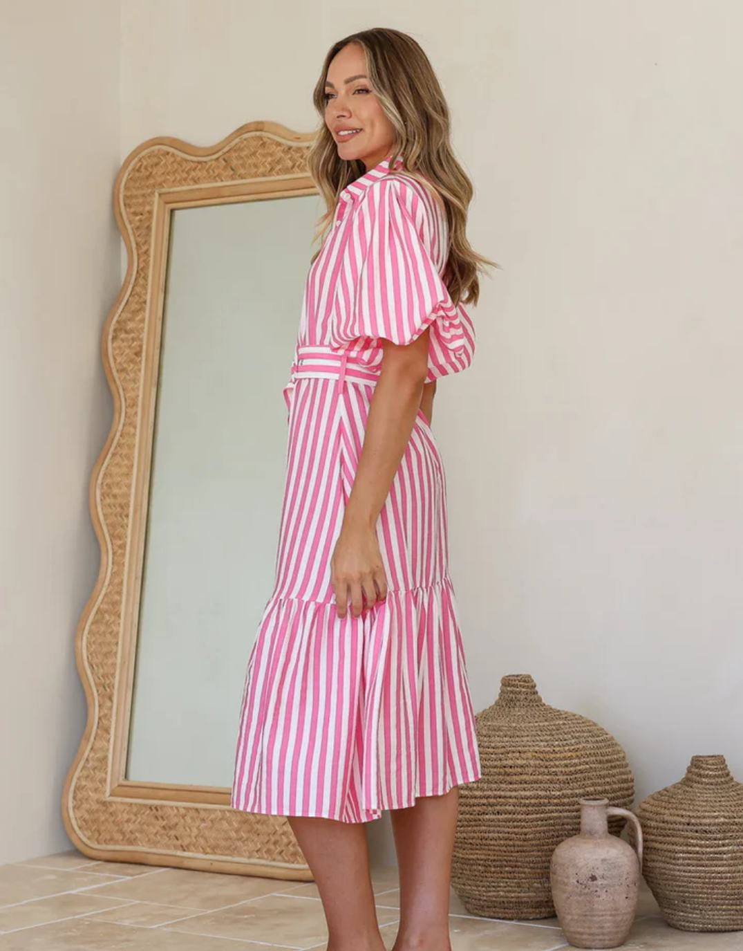 132 Fashion Sabine Stripe Belted Dress (Pink/White)