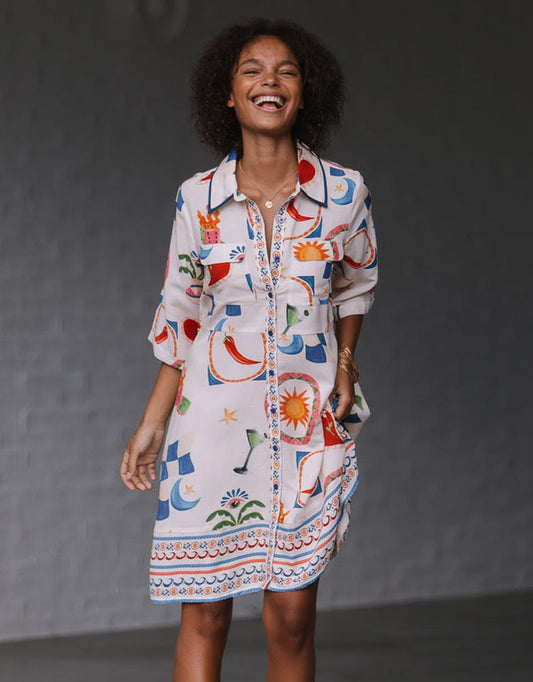 Image of Dresses. Product name - Spicy Margarita Shirt Dress White/Red/Cobalt Multi in White/Red/Cobalt Multi colour by brand - 132 Fashion