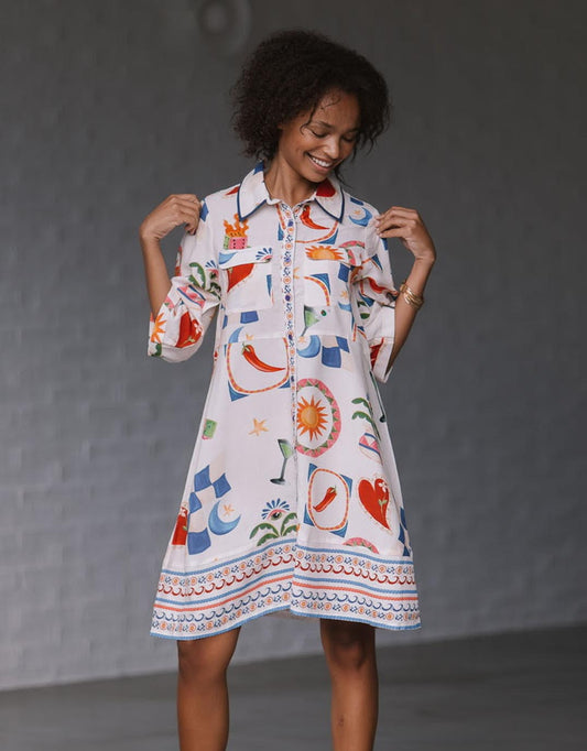 132 Fashion Spicy Margarita Shirt Dress (White/Red/Cobalt Multi)