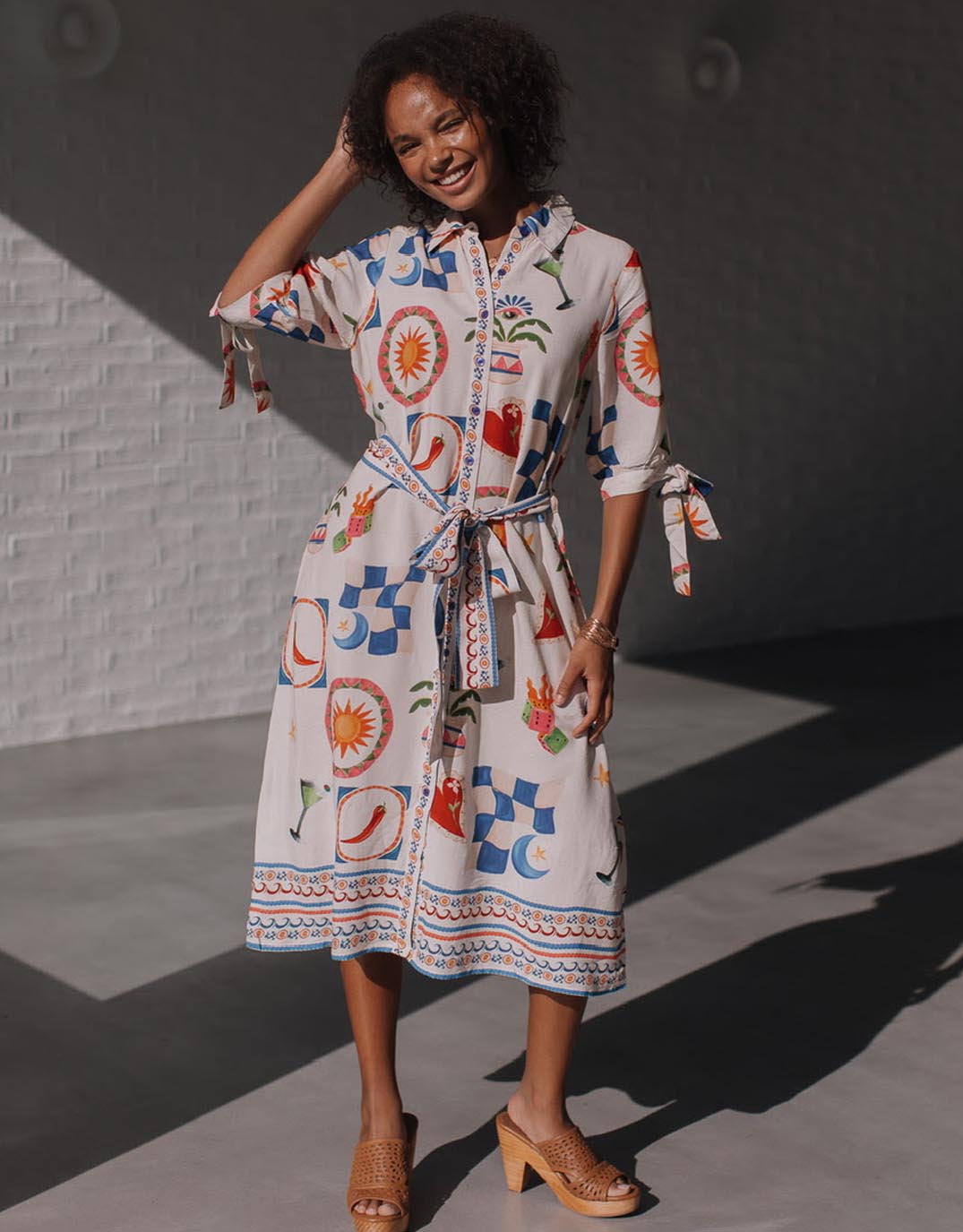 Image of Dresses. Productname: Spicy Margarita Tie Shirt Dress - in White/Red/Cobalt Multi colour by brand - 132 Fashion