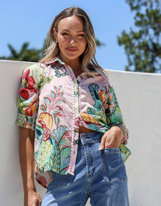 Image of a model wearing Tops. Product name - St Tropez Short Sleeve Shirt Pink Green Multi in Pink Green Multi colour by brand - 132 Fashion