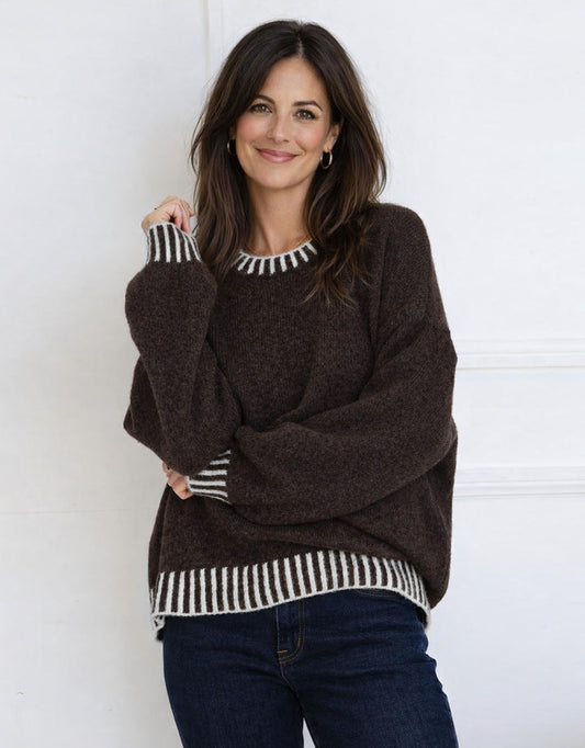 Image of a model wearing Outerwear. Product name - Tilly Wool Blend Crew Neck Knit Chocolate in Chocolate colour by brand - 132 Fashion