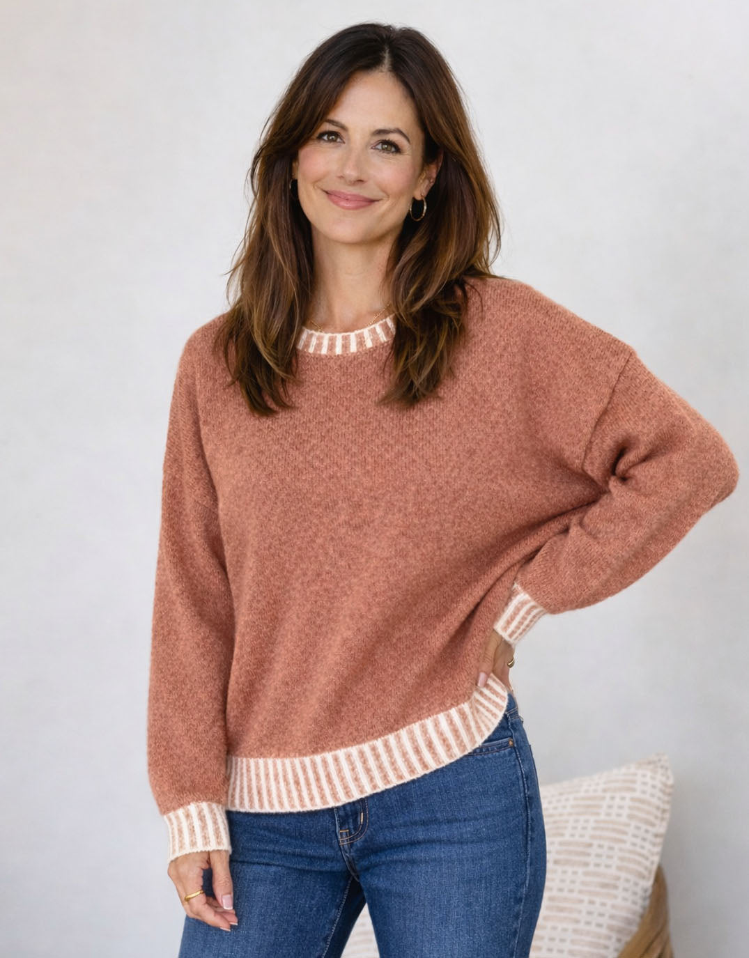 Image of a model wearing Outerwear. Product name - Tilly Wool Blend Crew Neck Knit Cinnamon in Cinnamon colour by brand - 132 Fashion