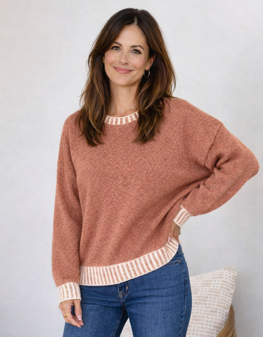 Image of a model wearing Outerwear. Product name - Tilly Wool Blend Crew Neck Knit Cinnamon in Cinnamon colour by brand - 132 Fashion