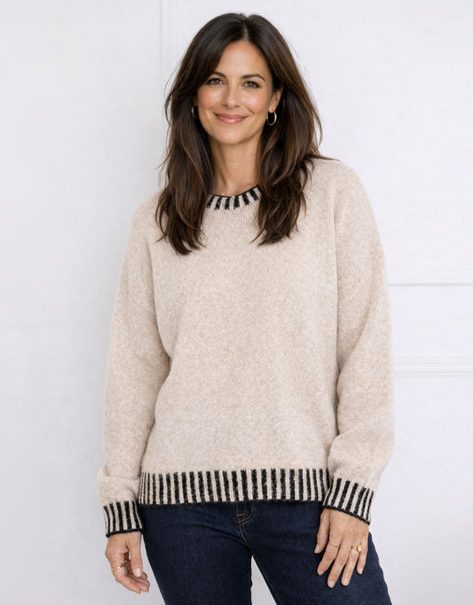 Image of a model wearing Outerwear. Product name - Tilly Wool Blend Crew Neck Knit Latte/Choc in Latte colour by brand - 132 Fashion