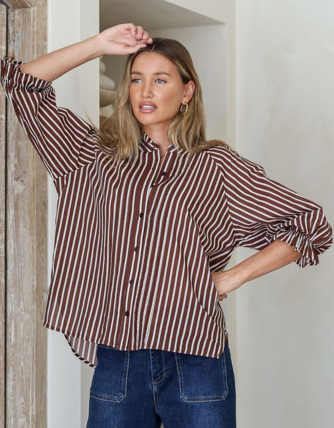 132 Fashion Verona Puff Sleeve Shirt (Chocolate/White)