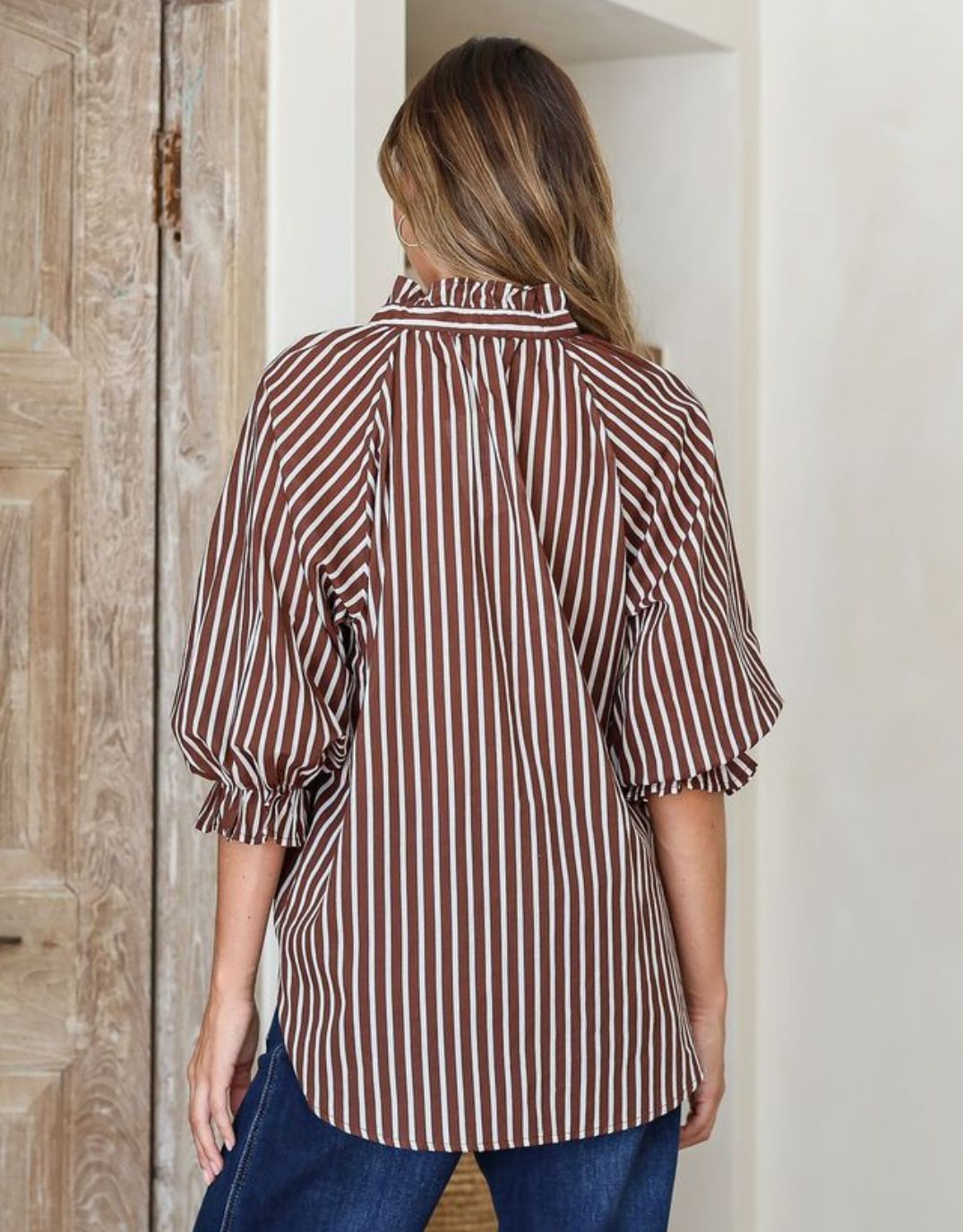132 Fashion Verona Puff Sleeve Shirt (Chocolate/White)