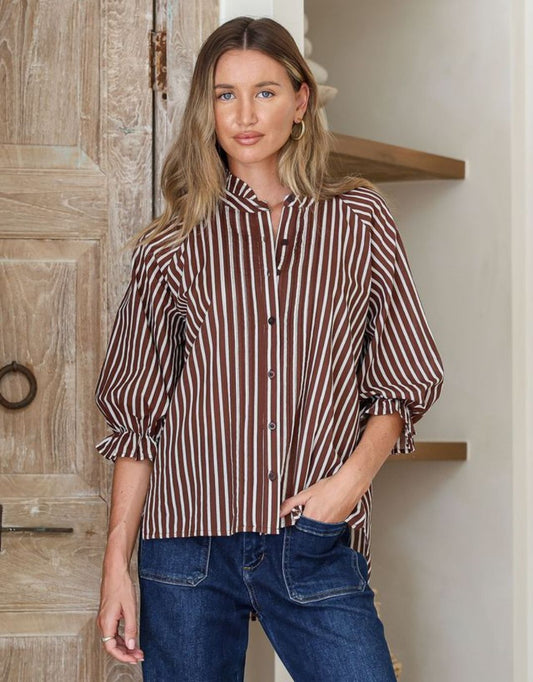 Image of a model wearing Tops. Productname: Verona Puff Sleeve Shirt - in Chocolate/White colour by brand - 132 Fashion