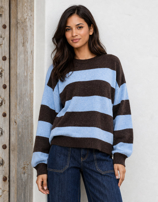 Image of a model wearing Outerwear. Product name - Frankie Knit Choco/Powder Blue Stripe in Choco/Powder Blue Stripe colour by brand - 132 Fashion
