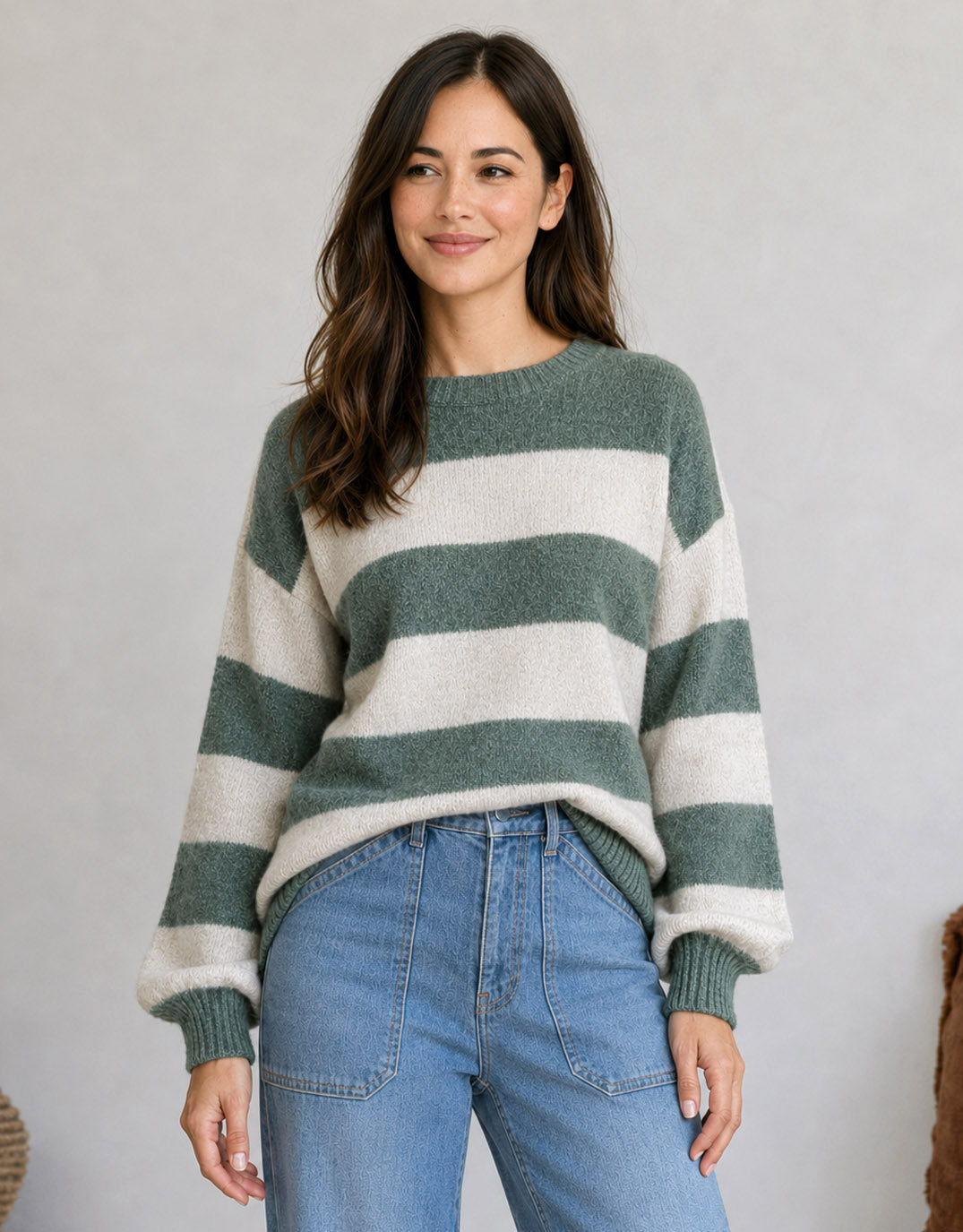 Image of a model wearing Outerwear. Product name - Frankie Knit Green/Latte Stripe in Green/Latte Stripe colour by brand - 132 Fashion