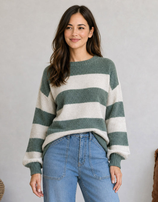 Image of a model wearing Outerwear. Product name - Frankie Knit Green/Latte Stripe in Green/Latte Stripe colour by brand - 132 Fashion