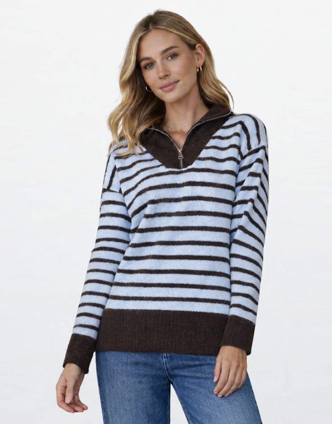 132 Fashion Pippa Stripe Zip Knit (Chocolate/Blue)
