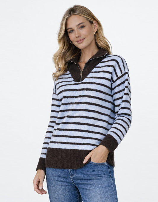 Image of a model wearing Outerwear. Productname: Pippa Stripe Zip Knit - in Chocolate/Blue colour by brand - 132 Fashion