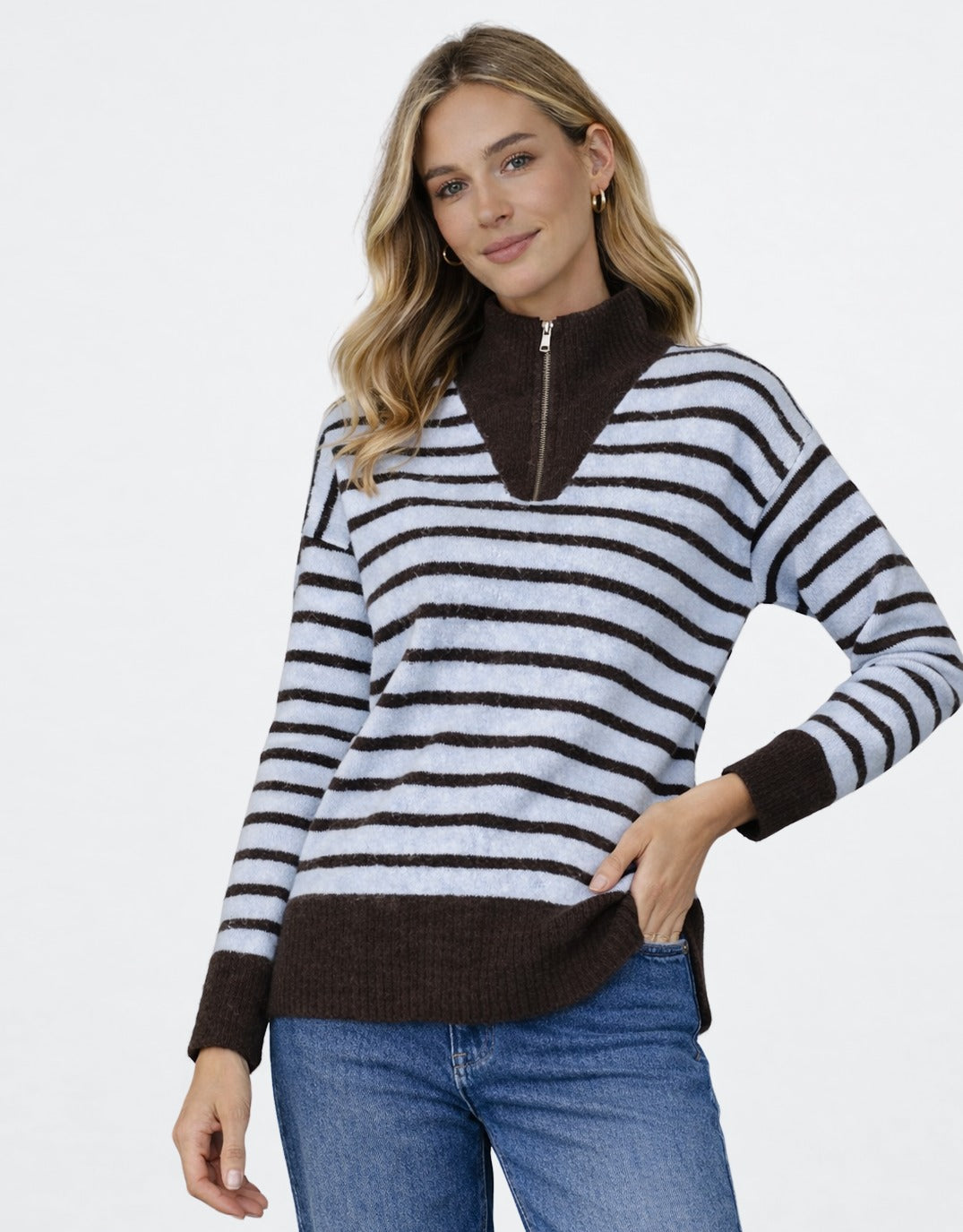 132 Fashion Pippa Stripe Zip Knit (Chocolate/Blue)
