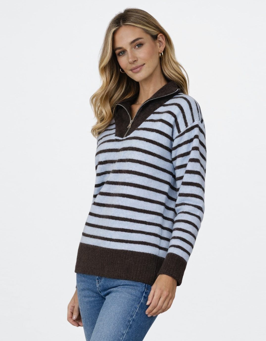 132 Fashion Pippa Stripe Zip Knit (Chocolate/Blue)