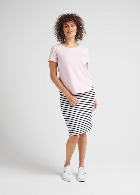 Image of a model wearing Tops. Product name - Janis Short Sleeve Bamboo T-Shirt Crystal Rose in Crystal Rose colour by brand - Lou Lou