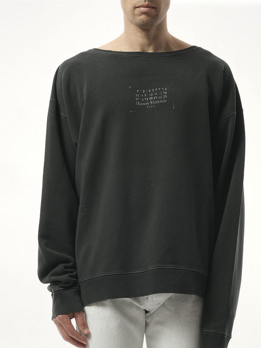 Image of a model wearing Outerwear. Product name - Small Number Logo Sweatshirt in Black colour by brand - MAISON MARGIELA