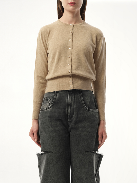 Image of a model wearing Outerwear. Productname: MAISON MARGIELA Virgin Wool Cardigan in BROWN colour by brand - MAISON MARGIELA