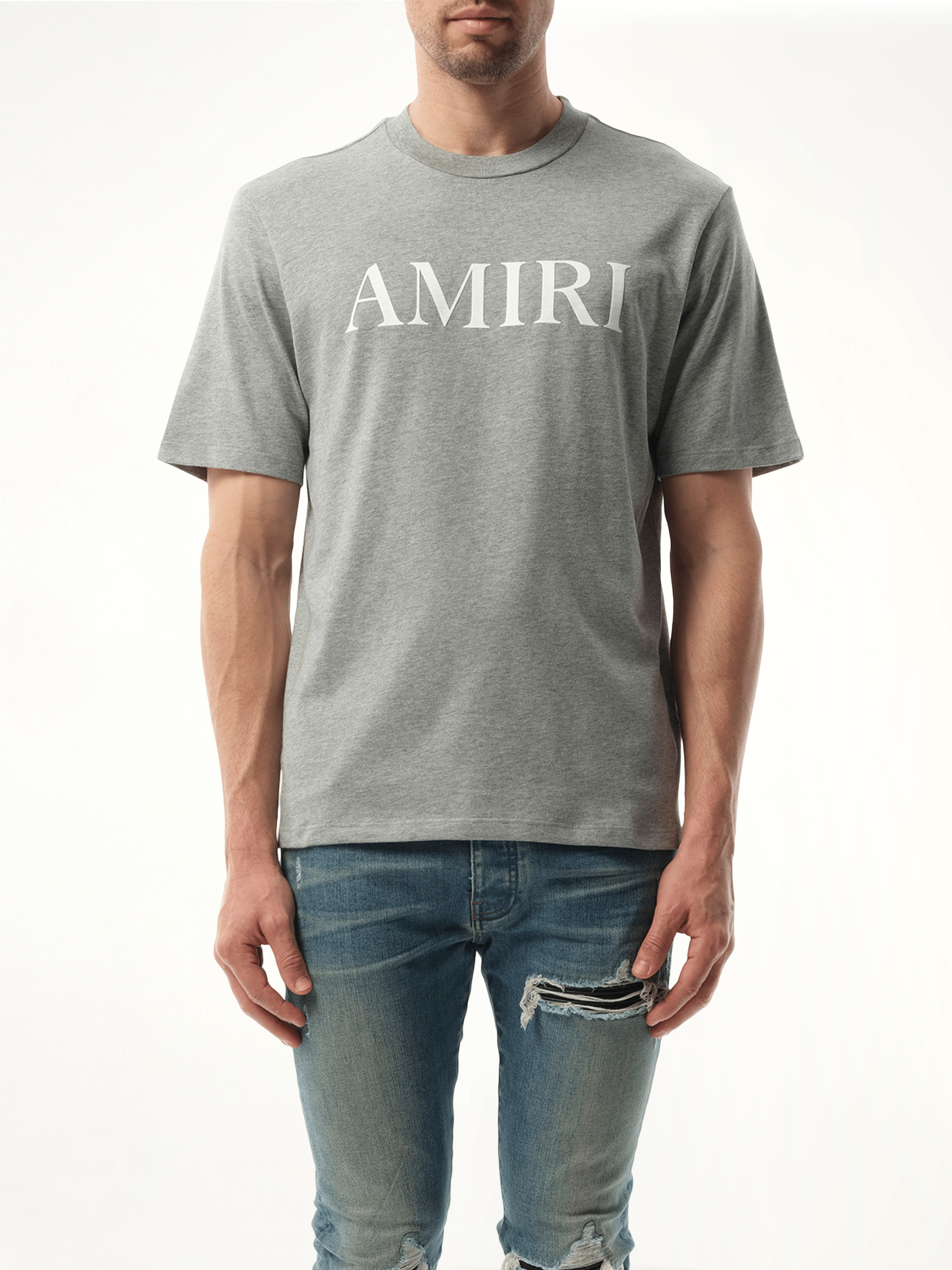 Image of a model wearing Tops. Productname: AMIRI Amiri Core Logo T-Shirt in GREY colour by brand - AMIRI