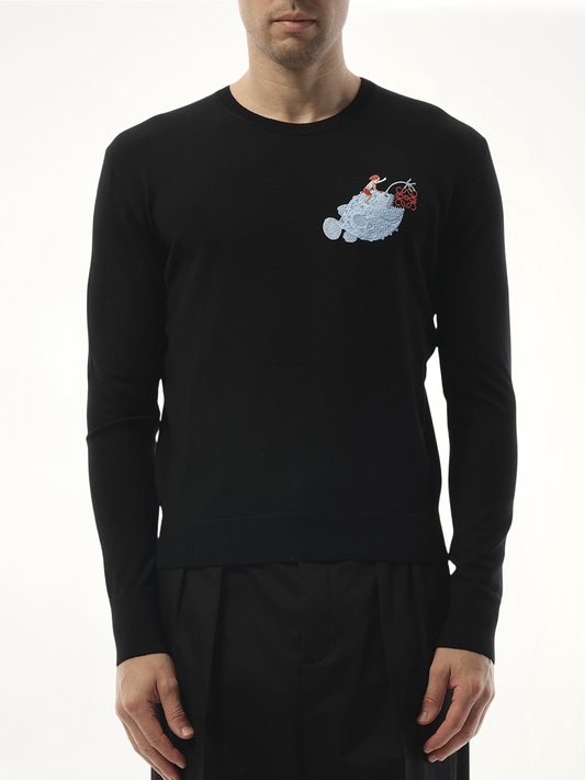 Image of a model wearing Outerwear. Product name - Suna Fujita Anglerfish Sweater in Black colour by brand - LOEWE