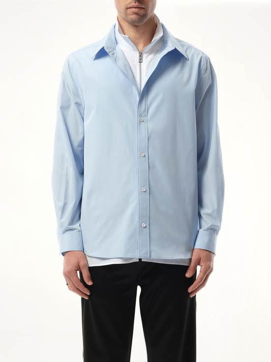Image of a model wearing Tops. Productname: LOEWE Hybrid Shirt in BLUE colour by brand - LOEWE