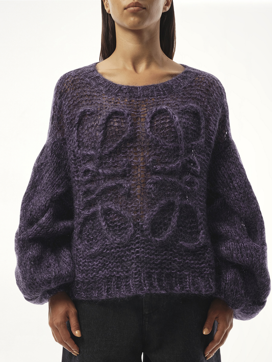 Image of a model wearing Outerwear. Productname: LOEWE Relaxed Fit Anagram Sweater in Purple colour by brand - LOEWE