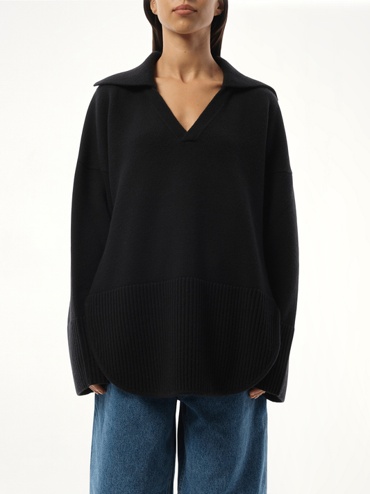 Image of a model wearing Tops. Productname: LOEWE V-Neck Polo Sweater in BLACK colour by brand - LOEWE
