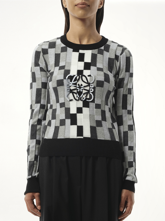 Image of a model wearing Outerwear. Productname: LOEWE Intarsia Anagram Sweater in Grey colour by brand - LOEWE