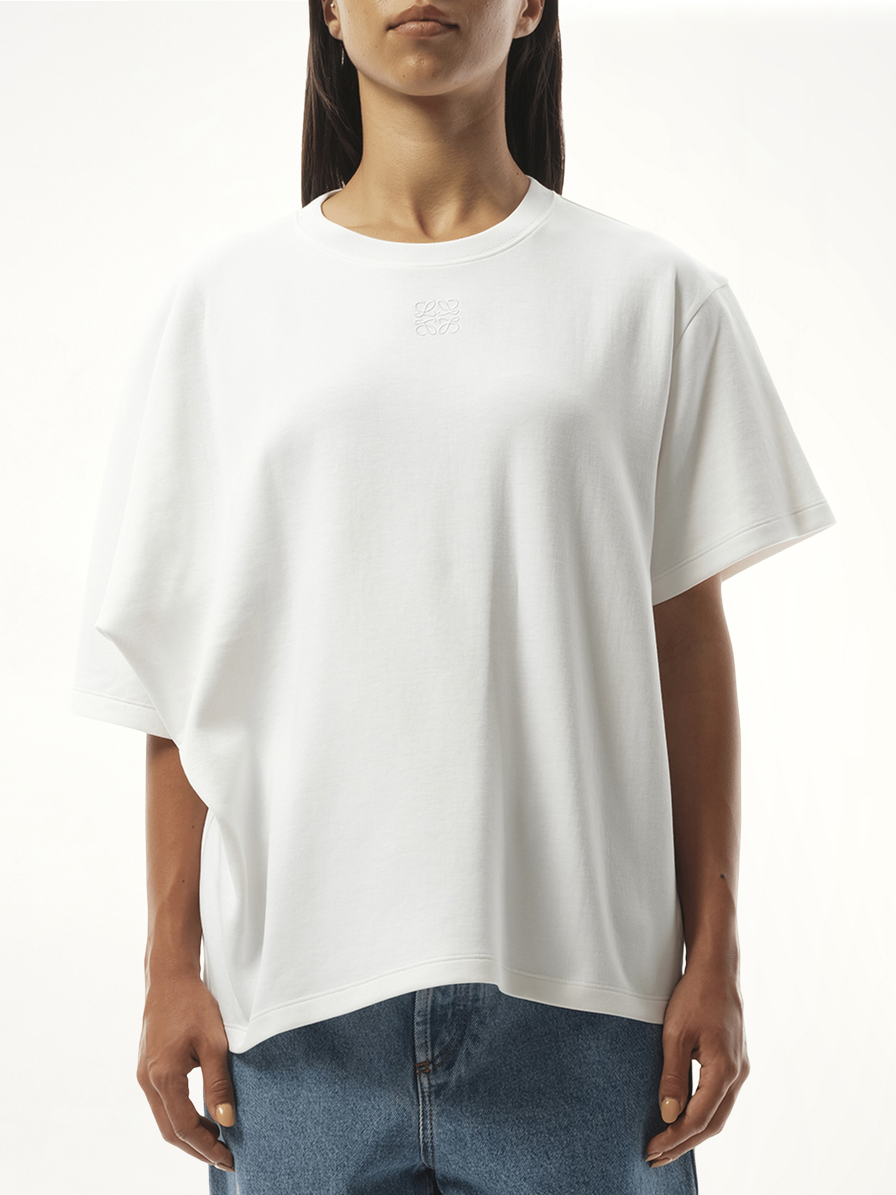 Image of a model wearing Tops. Productname: LOEWE Draped T-Shirt in WHITE colour by brand - LOEWE