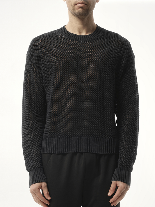 Image of a model wearing Outerwear. Productname: REPRESENT Open Gauge Knit Sweater in BLACK colour by brand - REPRESENT