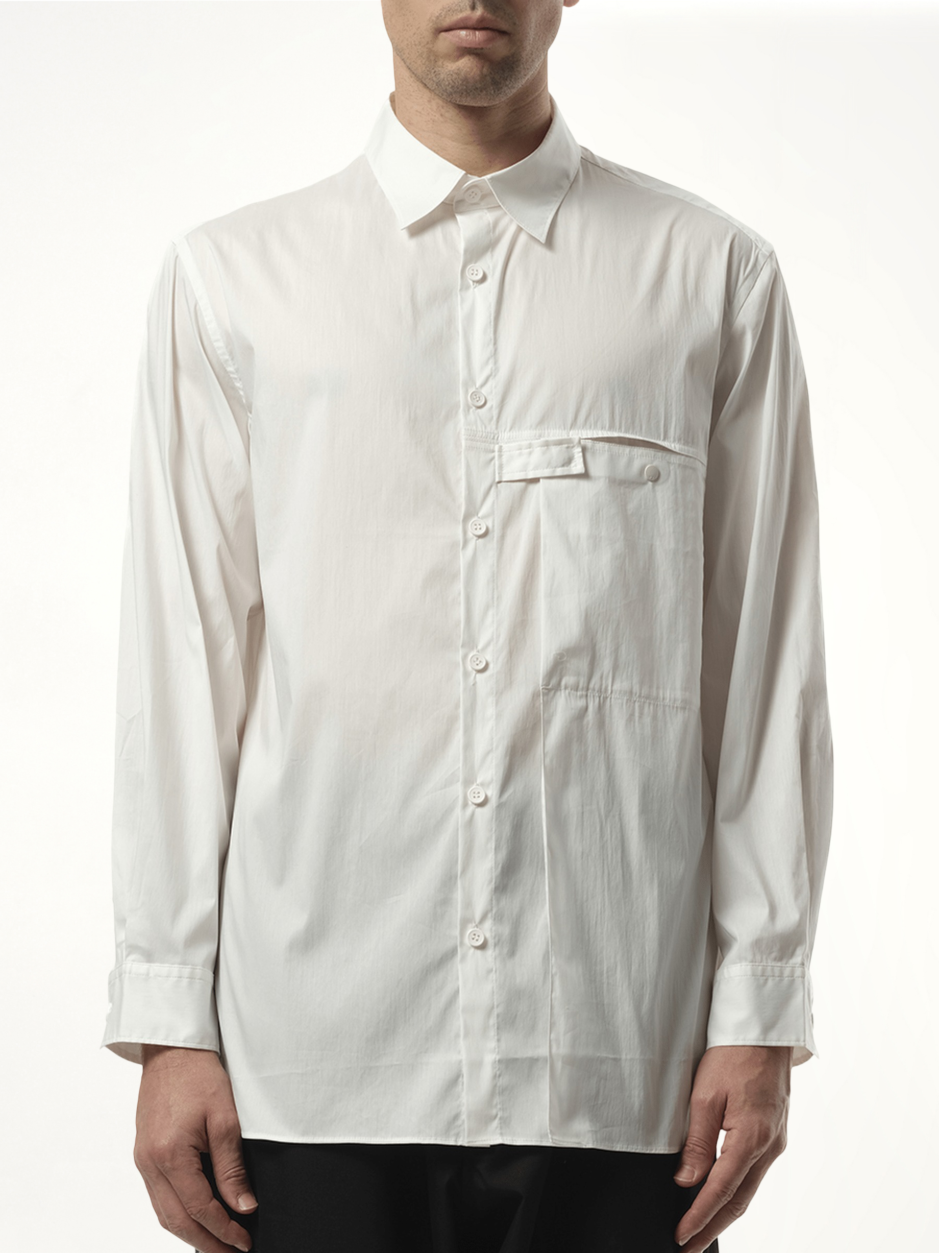 Image of a model wearing Tops. Productname: Y-3 Pleat Pocket Shirt in White colour by brand - Y-3