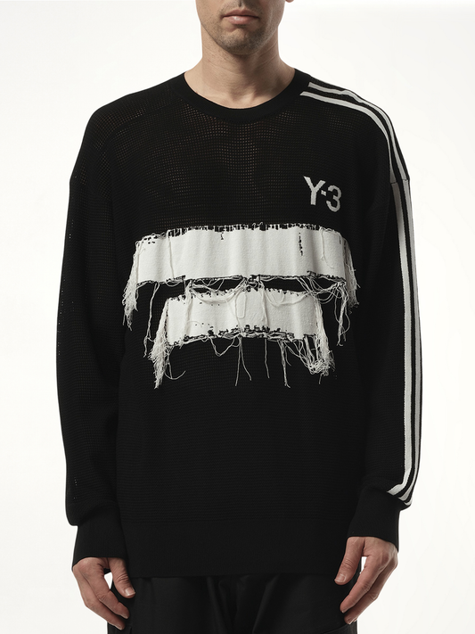 Image of a model wearing Outerwear. Productname: Y-3 Logo Frayed Sweatshirt in Black colour by brand - Y-3