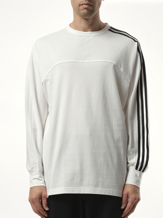 Image of a model wearing Tops. Productname: Y-3 3 Stripe Long Sleeve T-Shirt in White colour by brand - Y-3