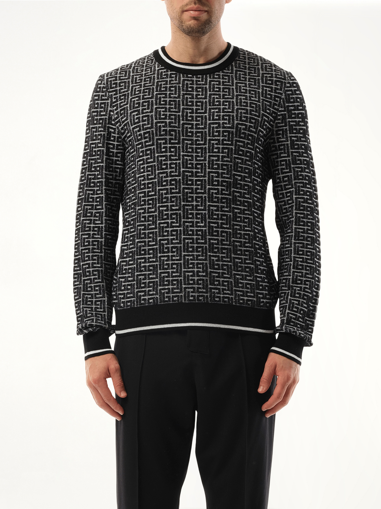 Image of a model wearing Outerwear. Productname: BALMAIN 3D Monogram Vanise Knit Sweater in White colour by brand - BALMAIN