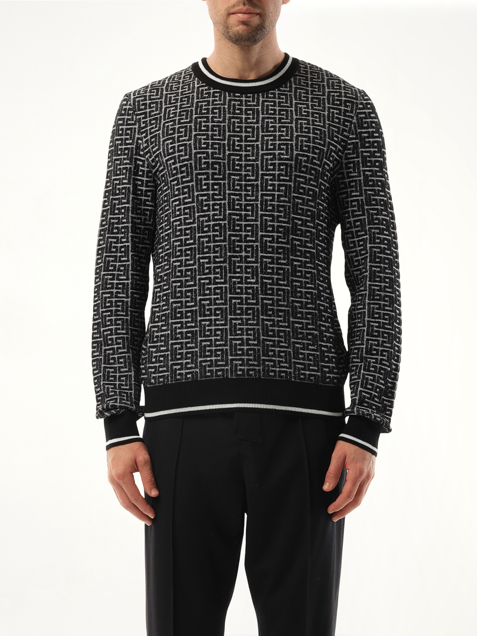 Image of a model wearing Outerwear. Productname: BALMAIN 3D Monogram Vanise Knit Sweater in White colour by brand - BALMAIN