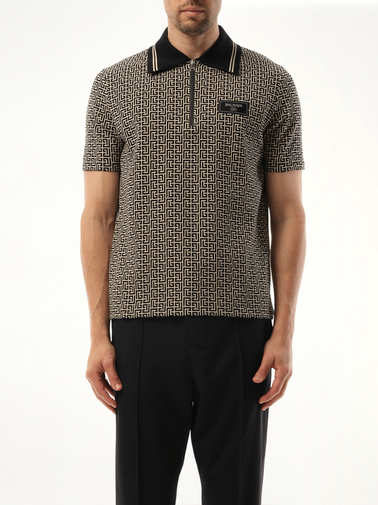 Image of a model wearing Tops. Productname: BALMAIN Monogram Couture Label Zipped Polo in Ivory/Black colour by brand - BALMAIN