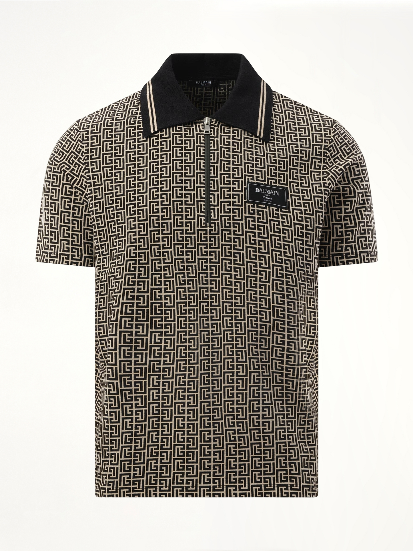 BALMAIN Monogram Couture Label Zipped Polo (Ivory/Black)