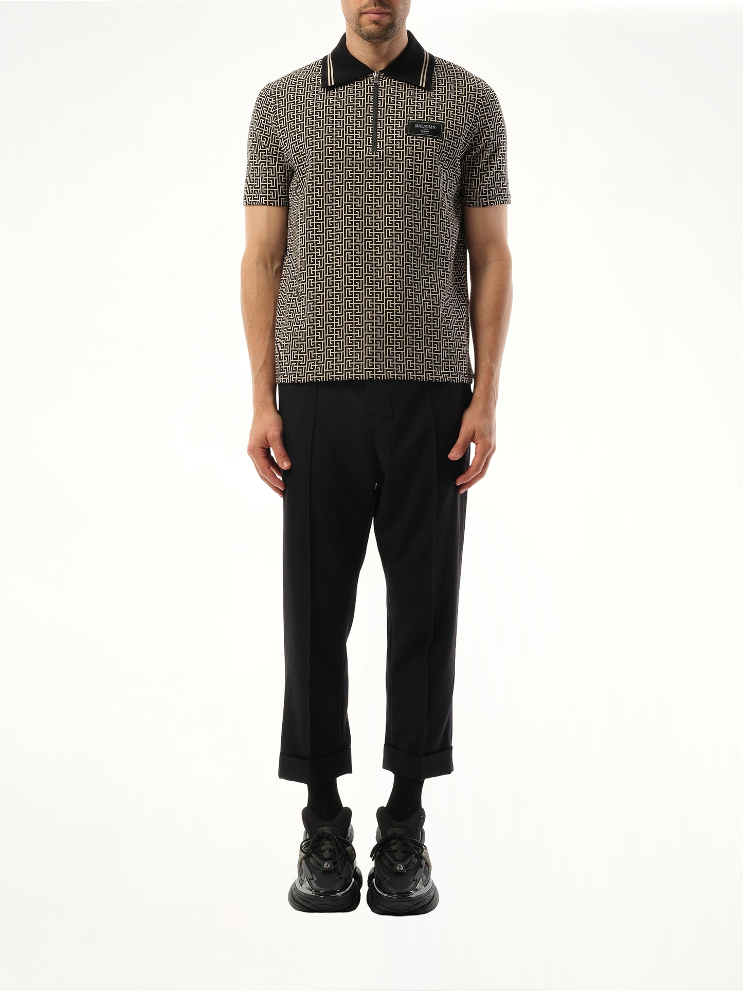 BALMAIN Monogram Couture Label Zipped Polo (Ivory/Black)