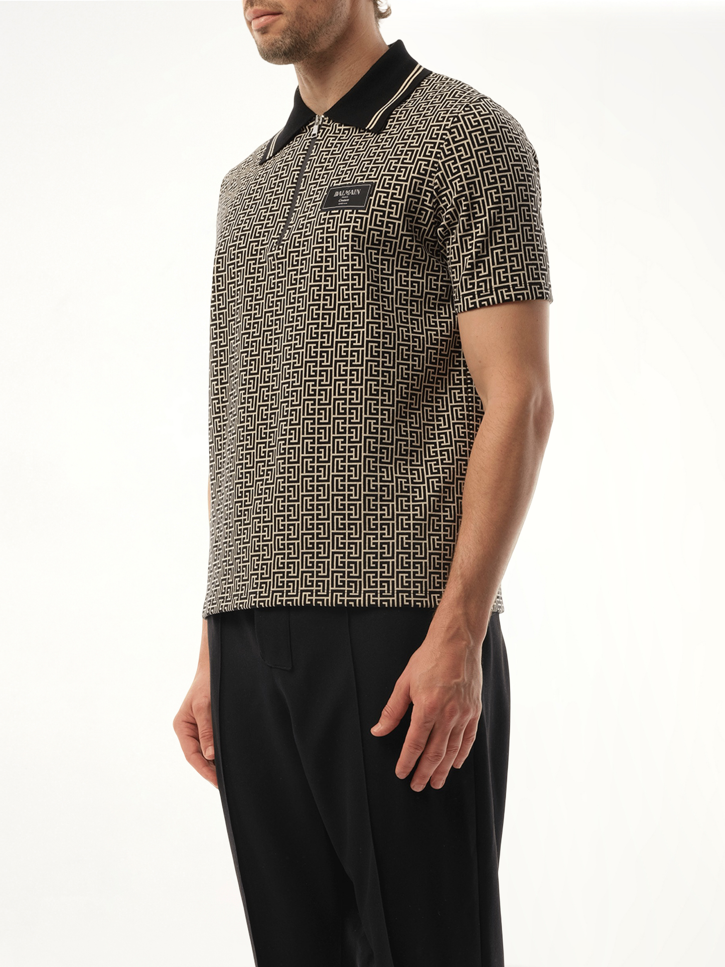 BALMAIN Monogram Couture Label Zipped Polo (Ivory/Black)