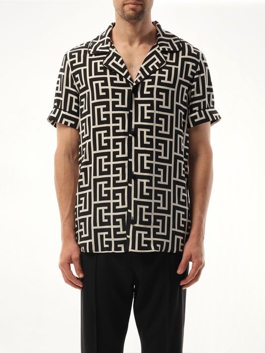 Image of a model wearing Tops. Productname: BALMAIN Macro Monogram Pyjama Shirt in Ivory/Black colour by brand - BALMAIN