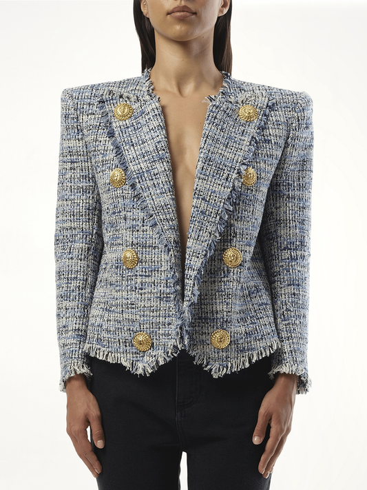 Image of Coats & Jackets. Productname: BALMAIN Side To Side Tweed Spencer Jacket in BLUE colour by brand - BALMAIN