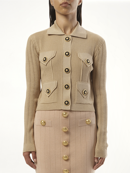 Image of a model wearing Outerwear. Productname: BALMAIN 4 Pockets Buttoned Ribbed Knit Cardigan in PINK colour by brand - BALMAIN