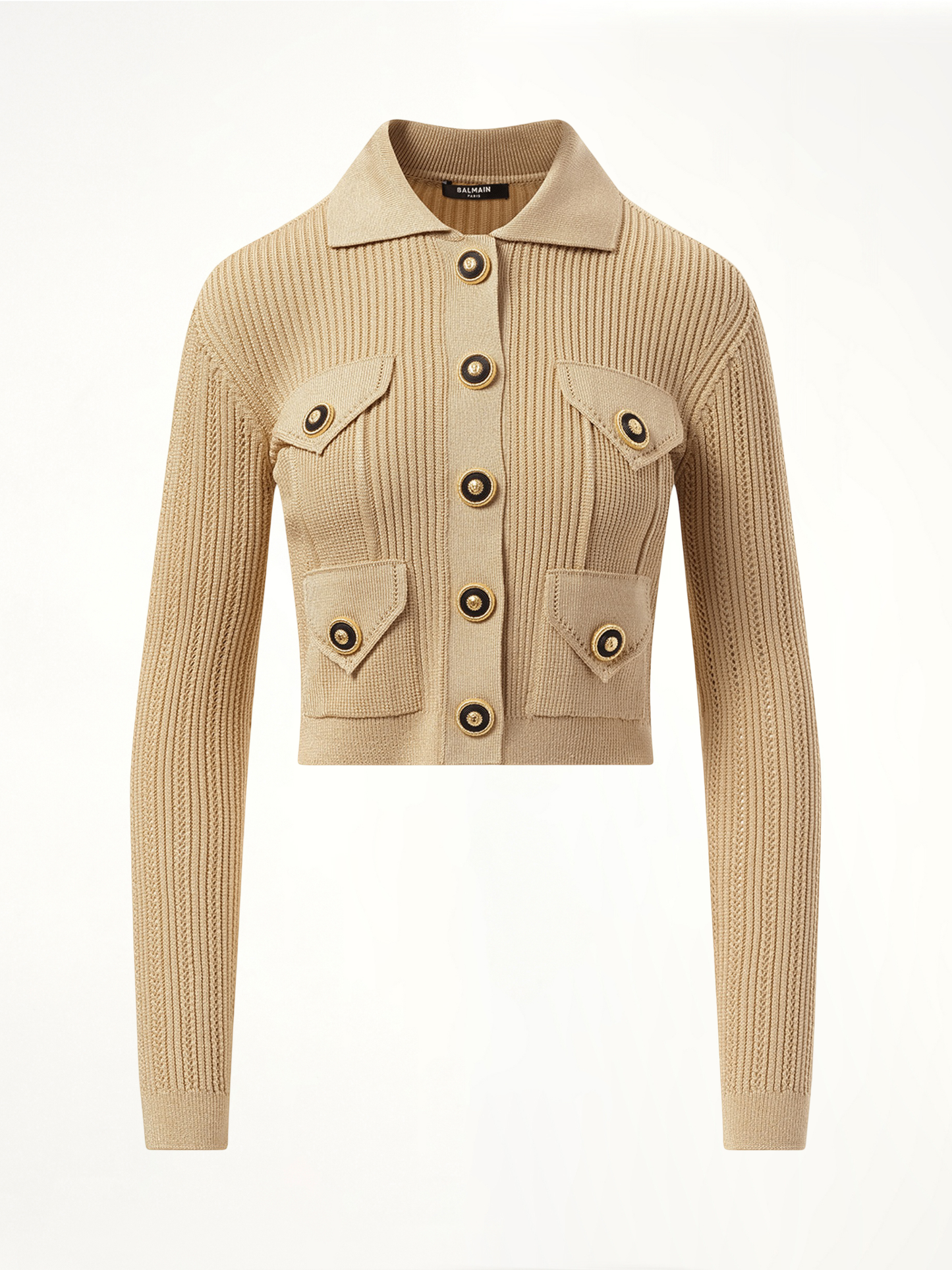 BALMAIN 4 Pockets Buttoned Ribbed Knit Cardigan (Pink)