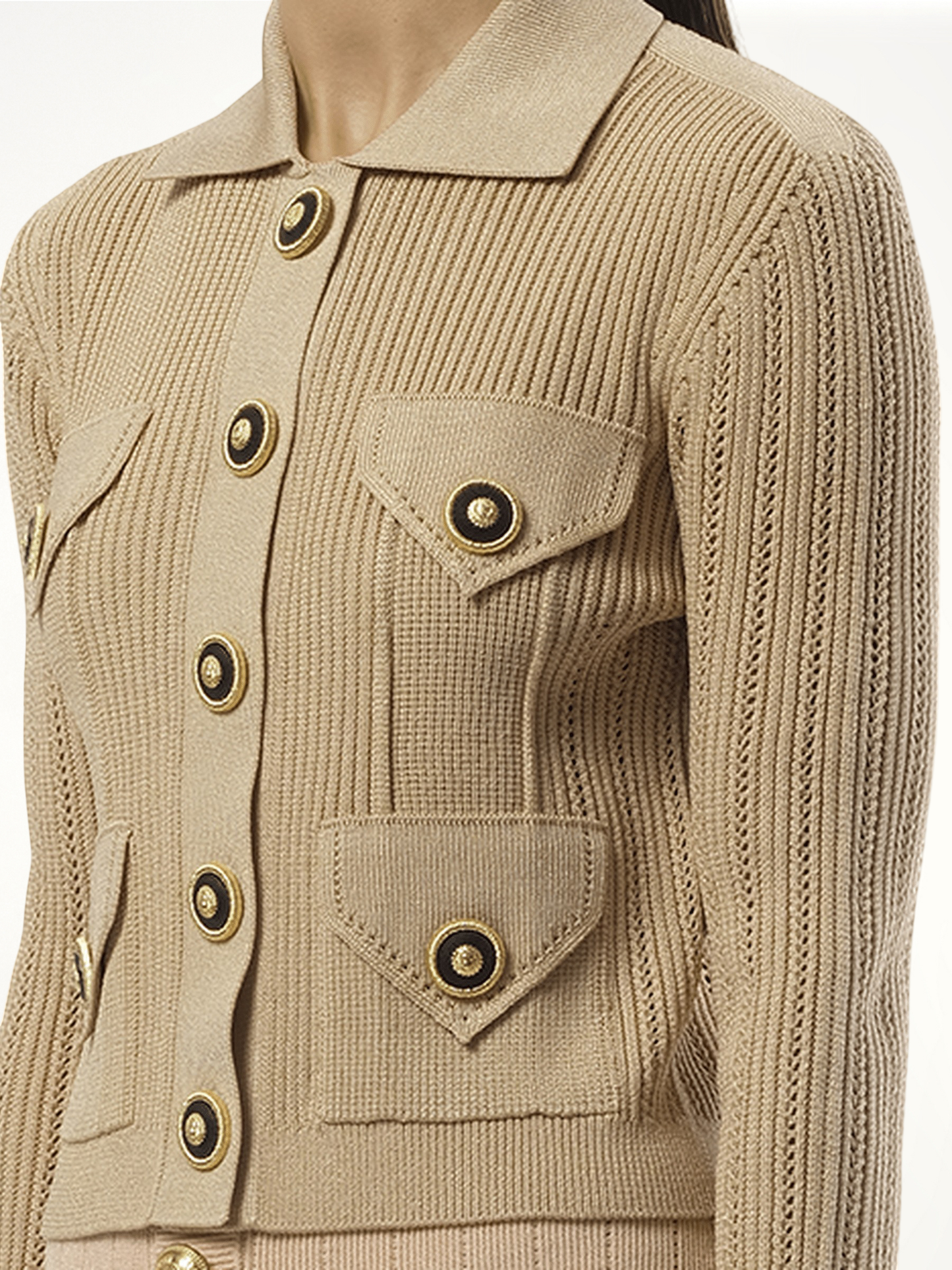 BALMAIN 4 Pockets Buttoned Ribbed Knit Cardigan (Pink)