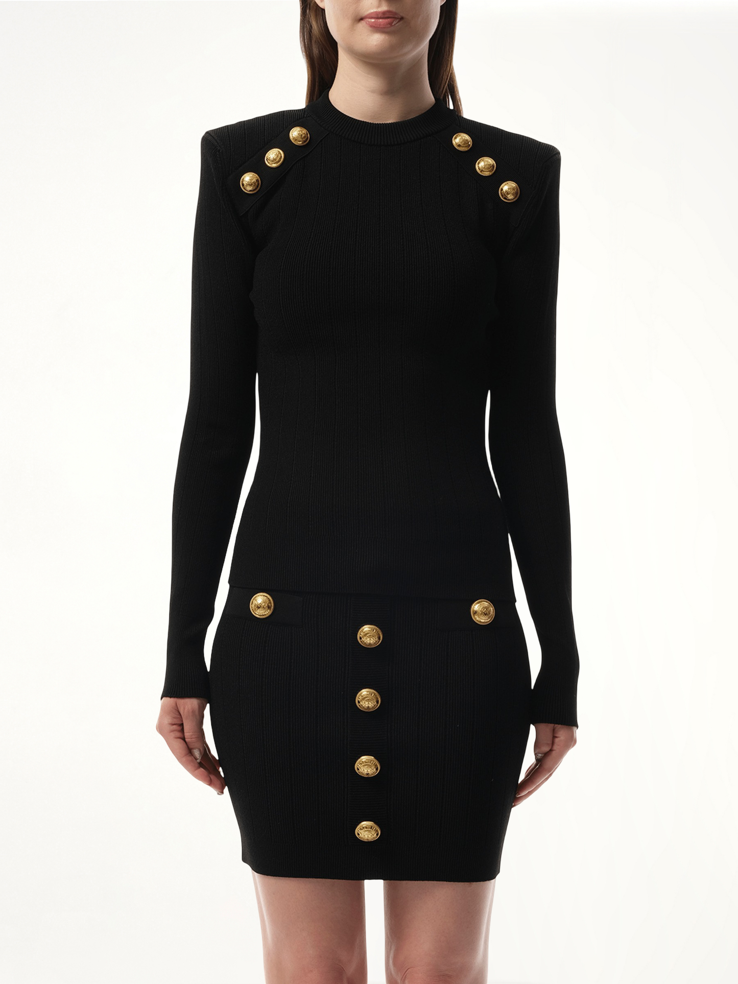 Image of a model wearing Outerwear. Productname: BALMAIN Button-Trimmed Sweater in BLACK colour by brand - BALMAIN