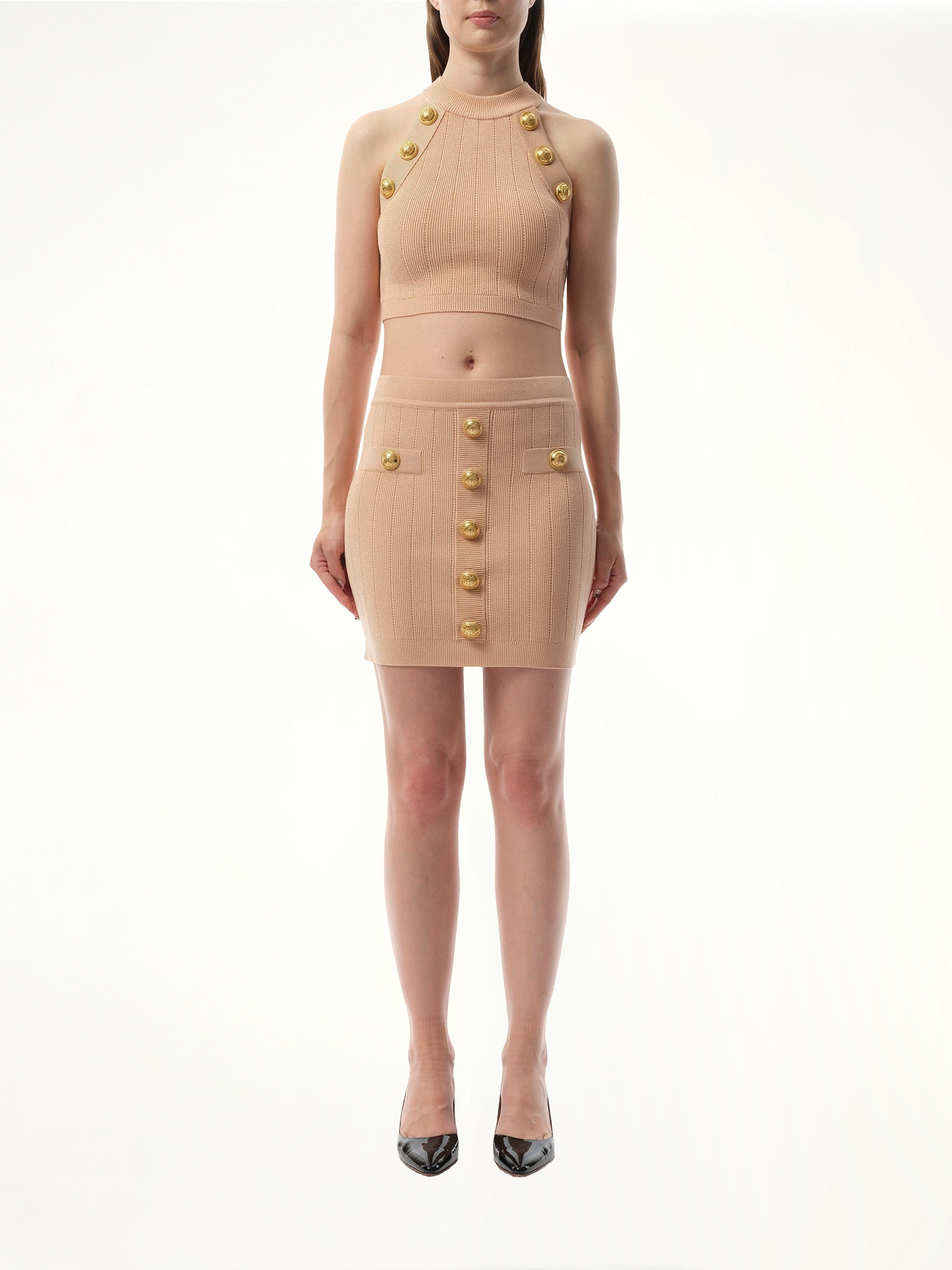 BALMAIN 2 Pockets Buttoned Knit Short Skirt (Pink)